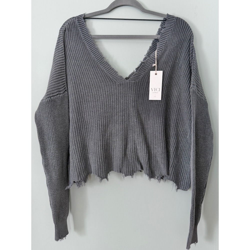 VICI x Fate Cropped Cotton Distressed Raw Hem Frayed‎ V-Neck Knit Sweater M NWT
